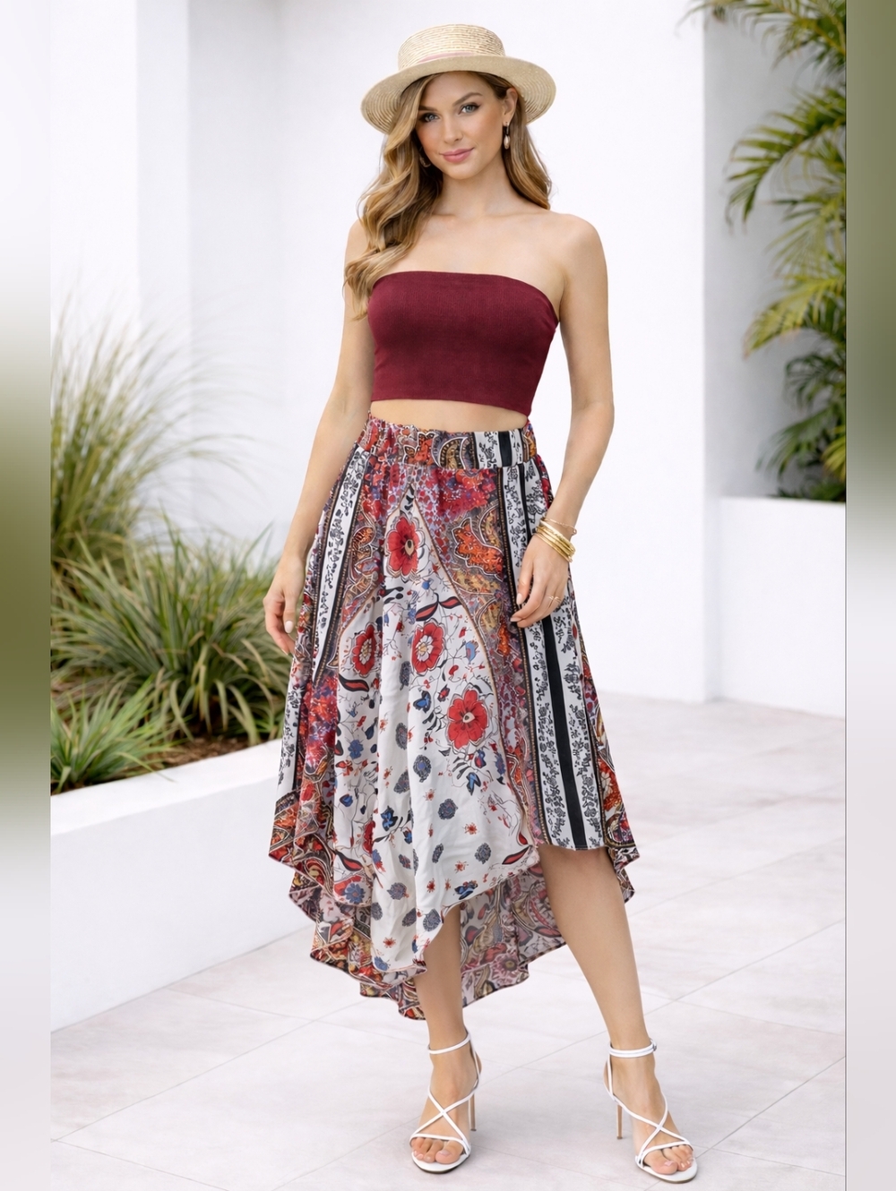 Bohemian Floral High-Low Midi Skirt in Multi